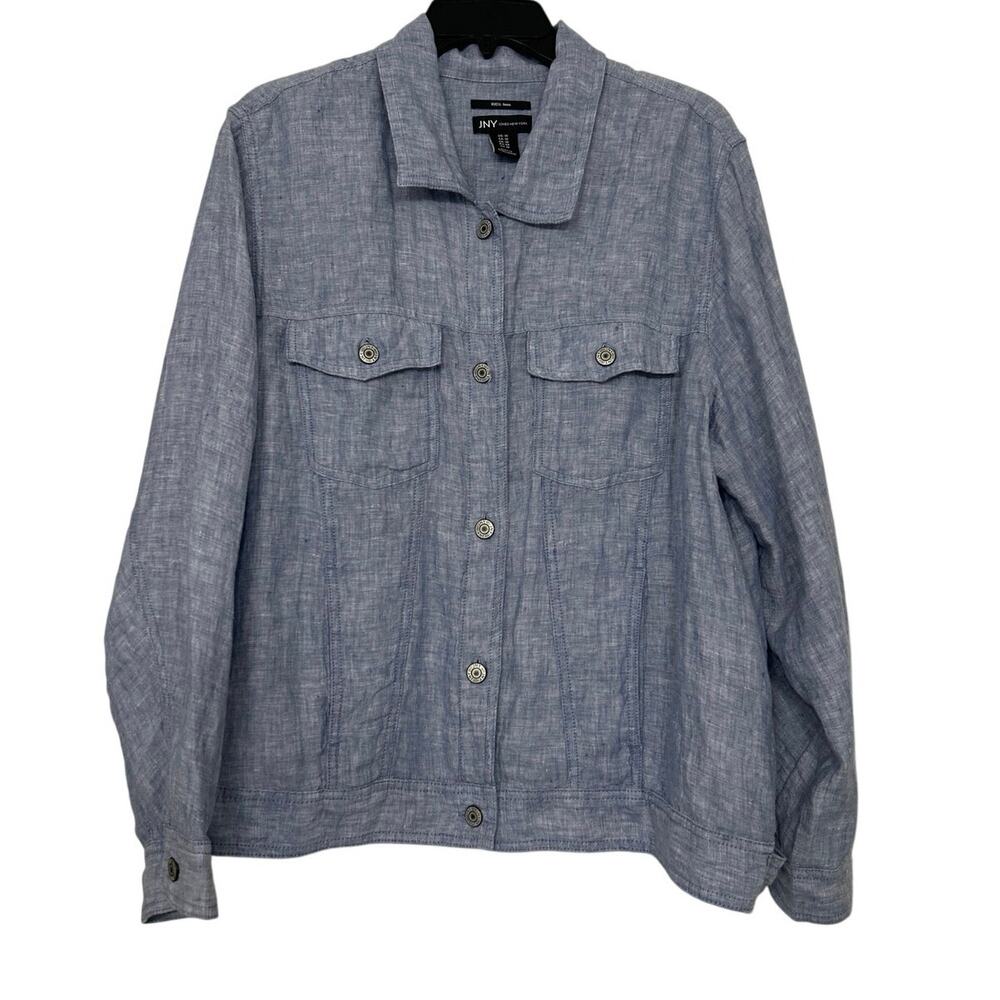 JNY Jones New York Coastal 1X 100% Linen Blue Chambray Jacket Boxy Relaxed